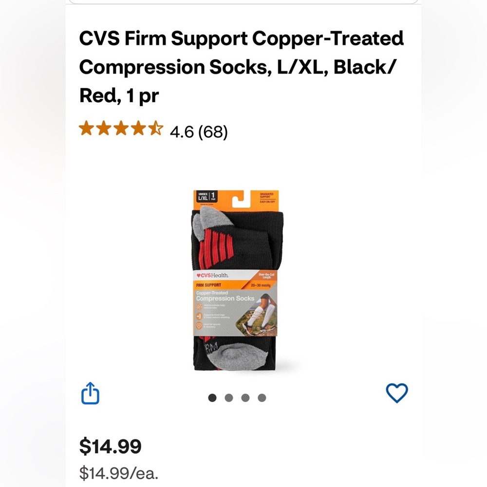 CVS Firm Support Copper-Treated Compression Socks, L/XL, Black/ Red, NEW